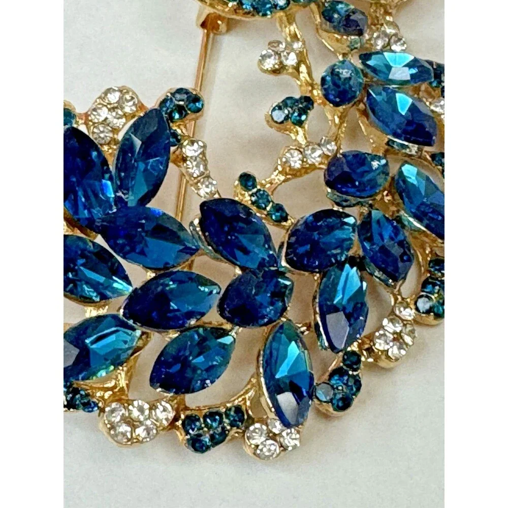 Peacock Brooch Blue Rhinestone Navette Goldtone Pin 2.25”